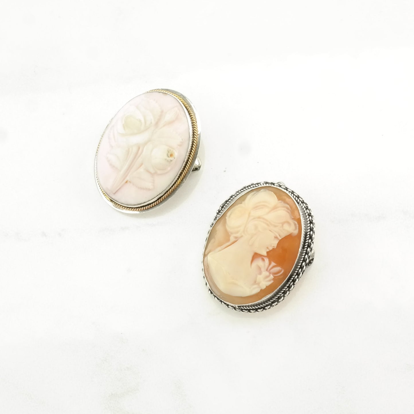 Choice of Vintage Pink, Orange Silver Brooch Portrait, Roses Cameo Sterling