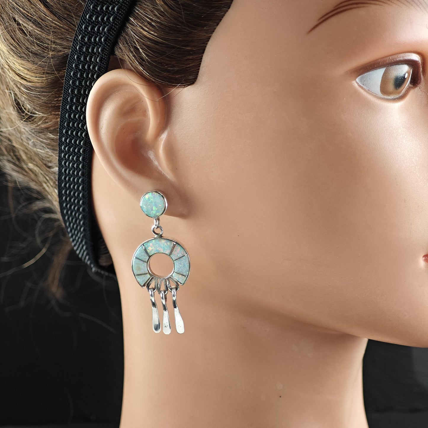 Native American Earrings with Calvin Begay Rainbow Lab Opal Inlay Sterling Silver