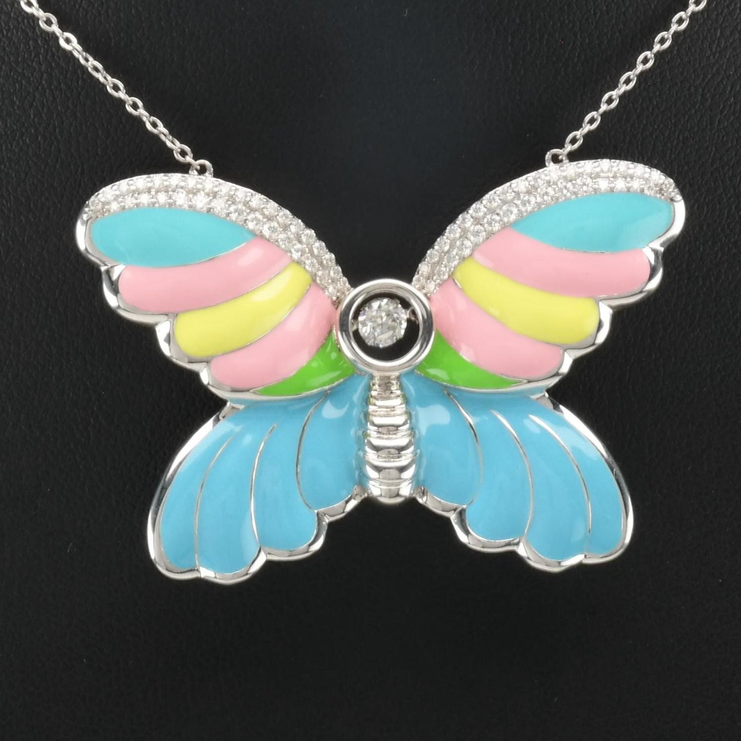 Sterling Silver Enamel Butterfly Dangling Moissanite Necklace N2418