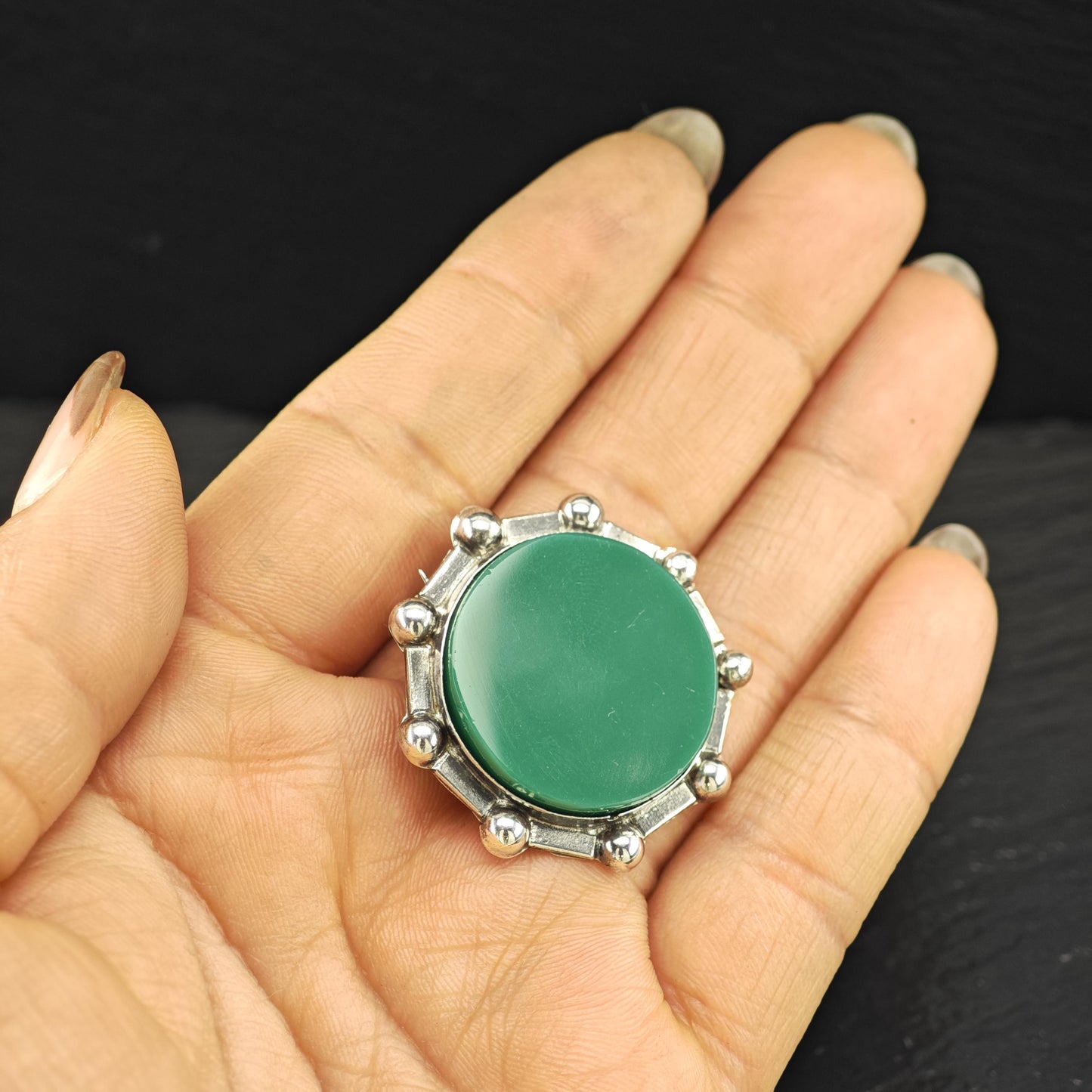 Mexico Sterling Silver Brooch Round Green Onyx