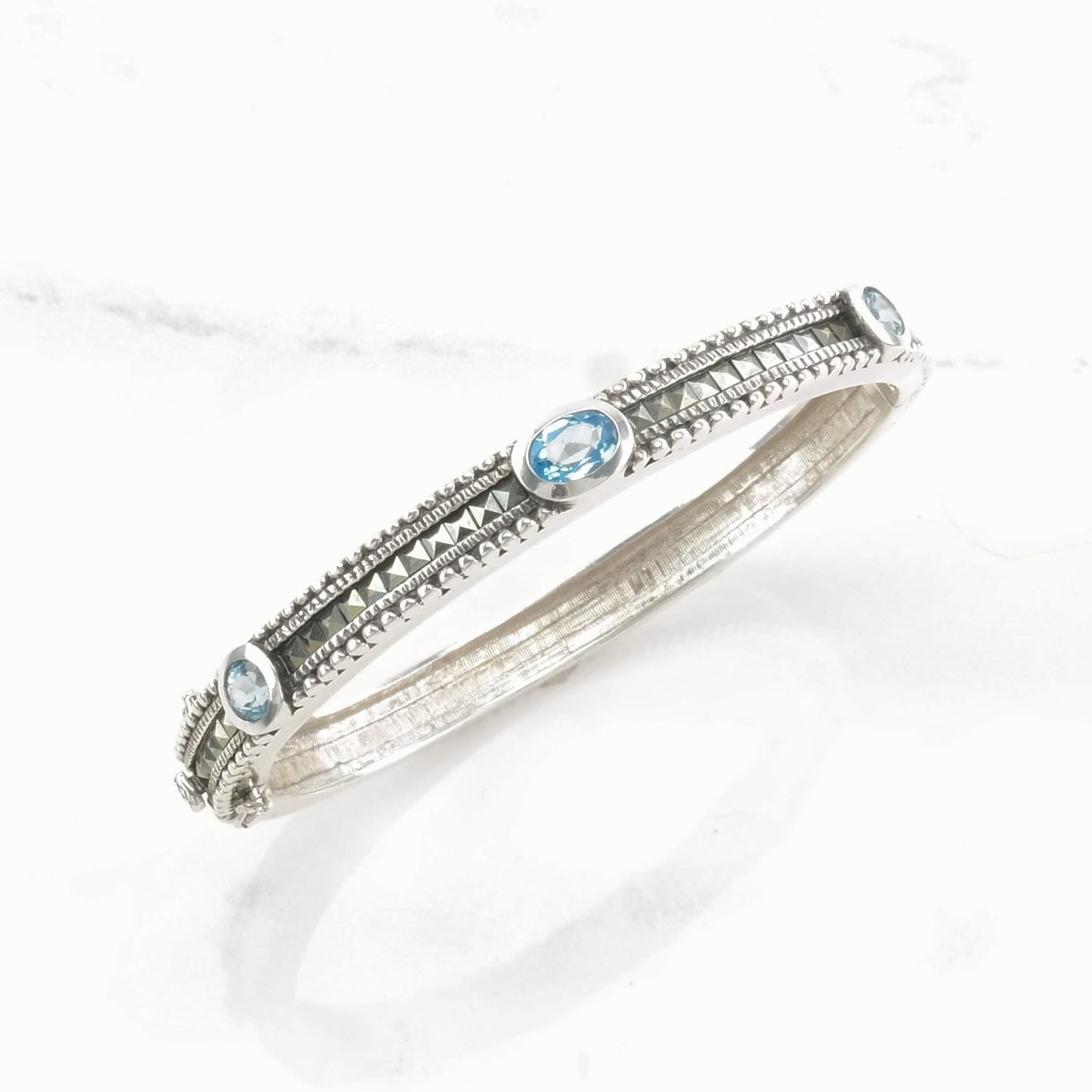 Sterling Silver Bangle Bracelet Blue Topaz Marcasite