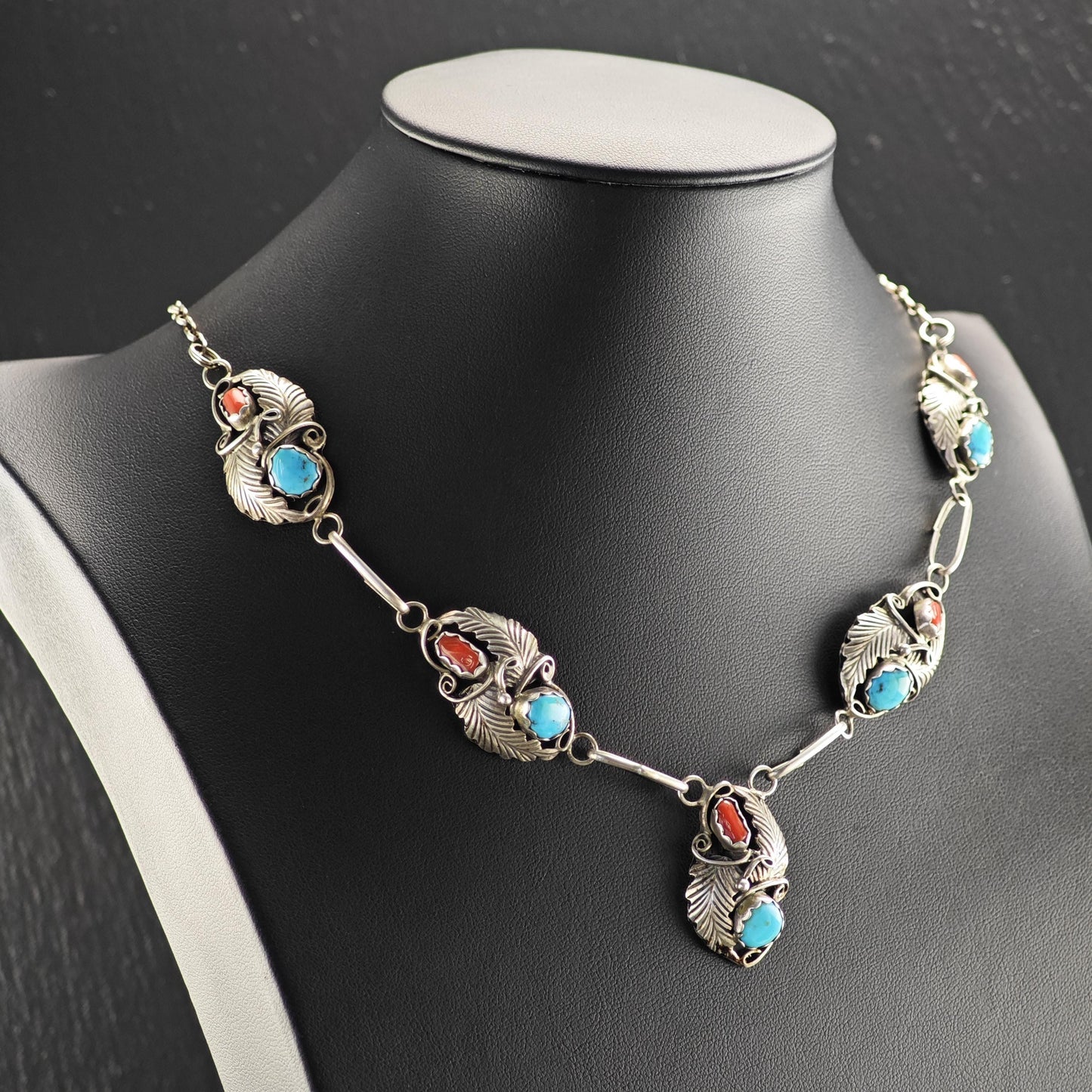 Native Sterling Silver Blue, Red Turquoise, Coral Floral, Shadowbox Necklace N2593