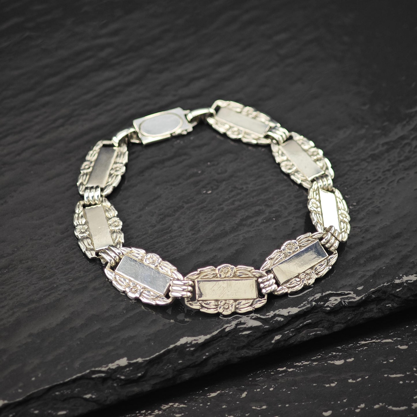 WWII Forget Me Not Link Bracelet Sterling Silver Size 6 3/4"