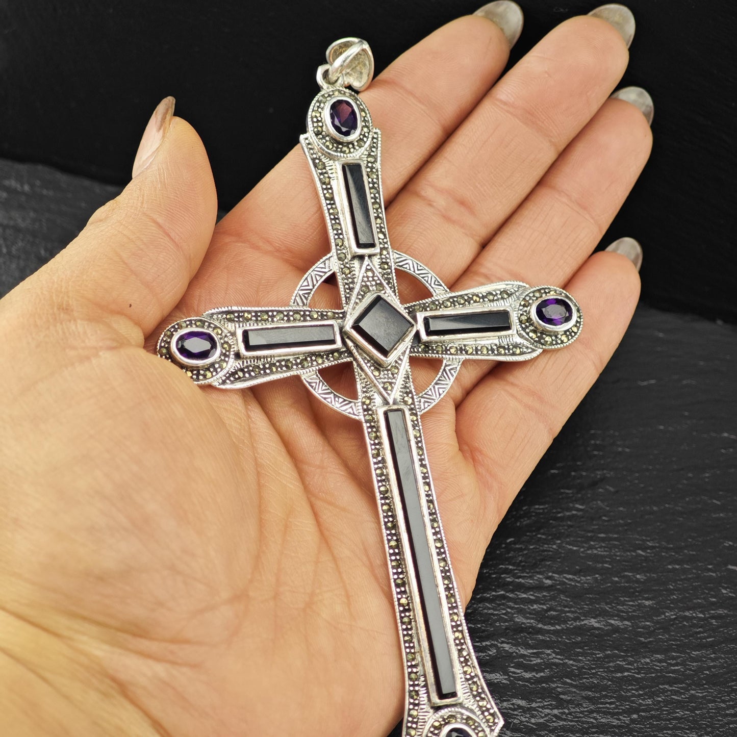 Sterling Silver Cross Pendant XL Gemstone (3" x 5.8") P2830