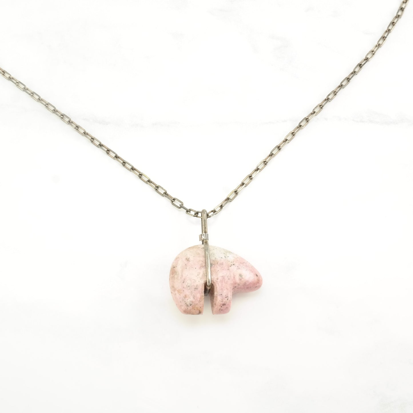 Southwest Sterling Silver Pink Rhodonite Bear, Fetish Necklace