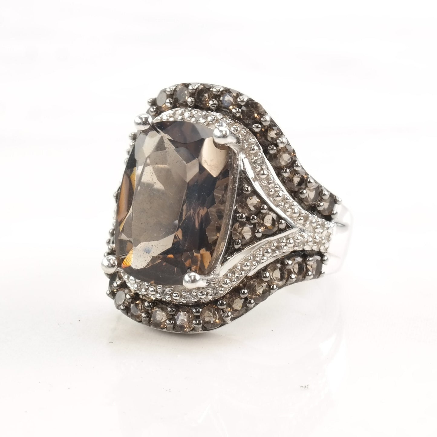 Silver Ring Smoky Quartz Spinel Diamond Accents Size 7