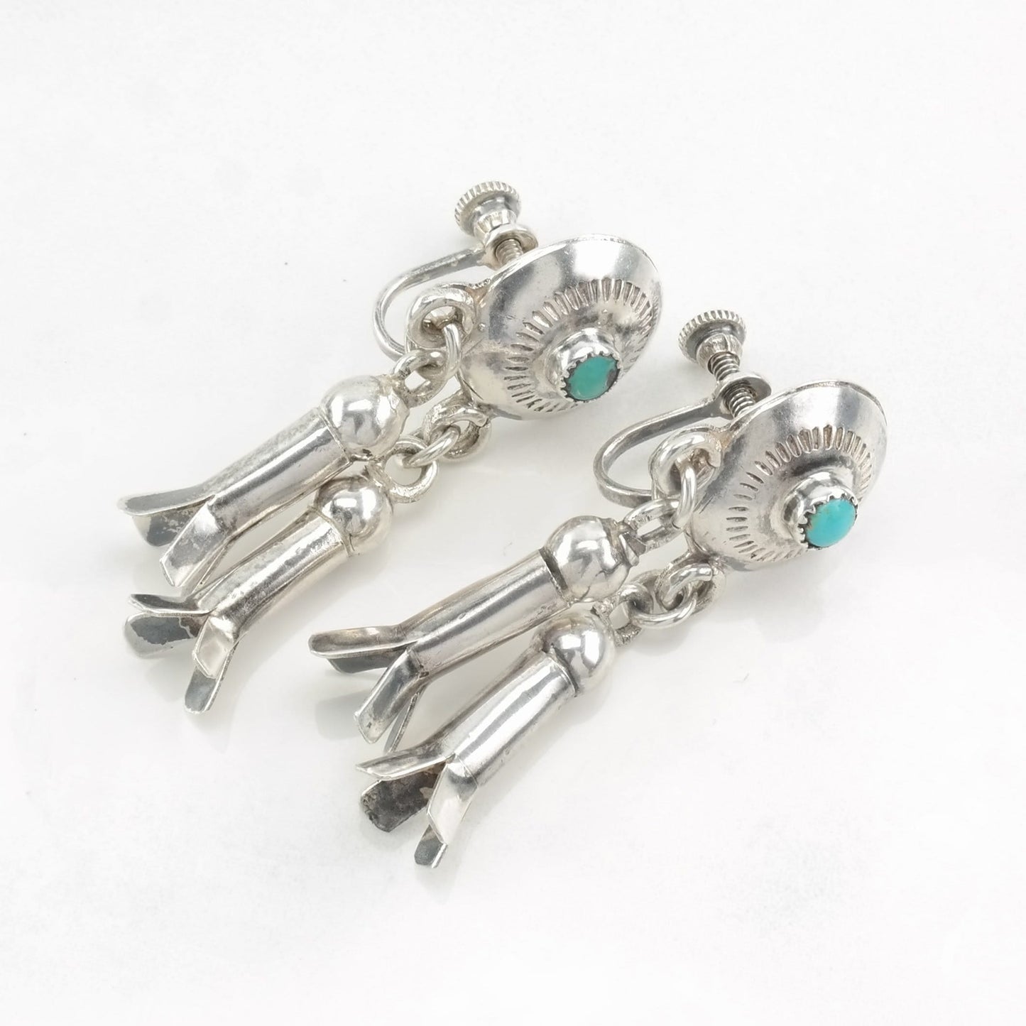 Native American Sterling Silver Blue Turquoise Earrings Screwback, Dangle