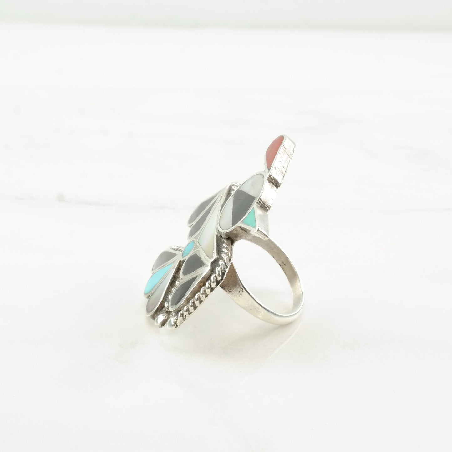 Zuni Silver Ring MOP Turquoise Onyx Coral Thunderbird Inlay Sterling Size 7