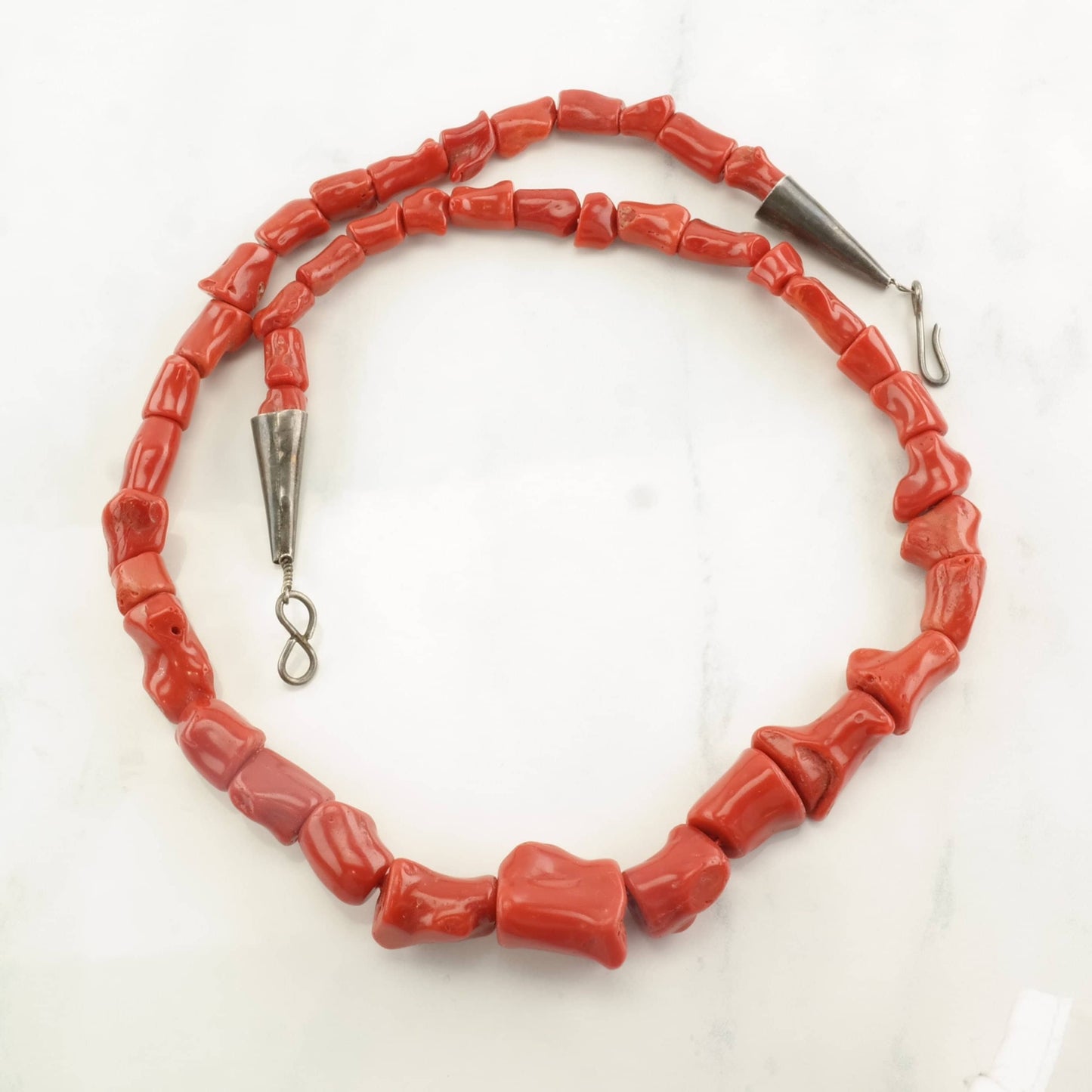 Native American Sterling Silver Red Graduated Coral Beaded Necklace