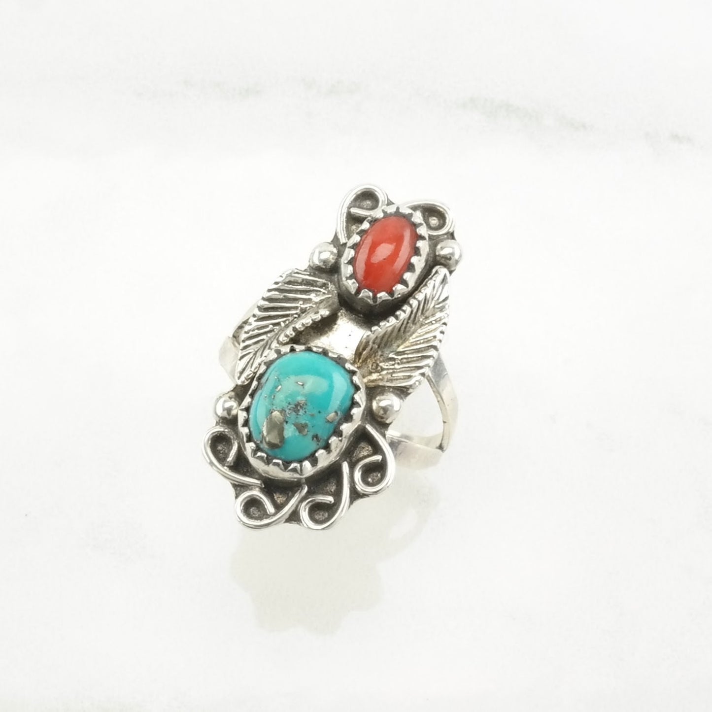 Native American Silver Ring Turquoise, Coral Leaf Sterling Blue, Red Size 6 3/4