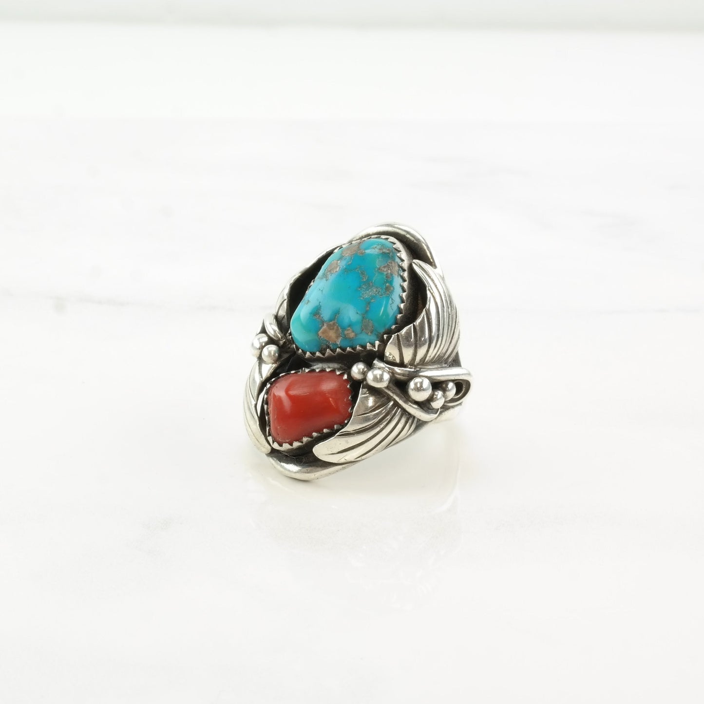 Native American Silver Ring Turquoise Coral Leaf Sterling Size 7 1/4