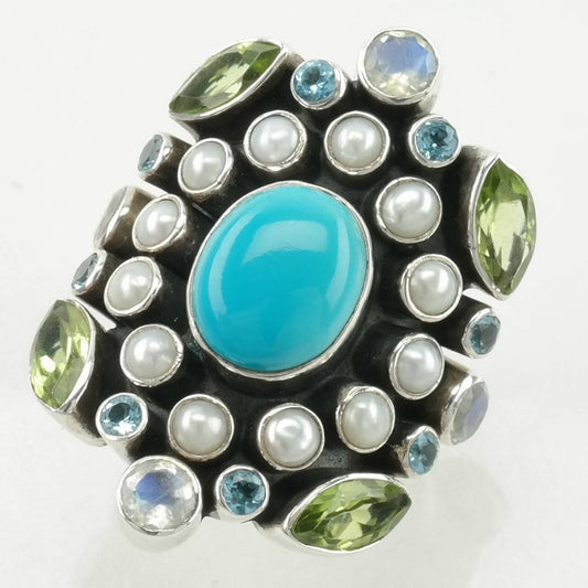 Vintage Nicky Butler Silver Ring Turquoise, Pearl, Peridot Cluster Sterling Size 7 1/4