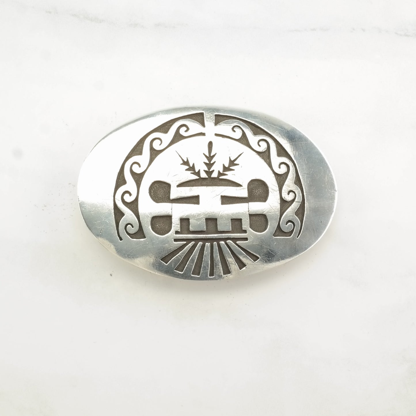 Hopi Native American Sterling Silver Kachina Overlay Belt Buckle