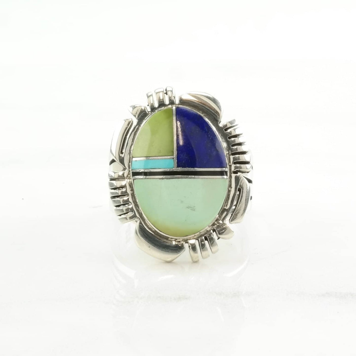 Vintage Native American Silver Ring Lapis Lazuli, Turquoise Inlay Sterling Size 9 1/2