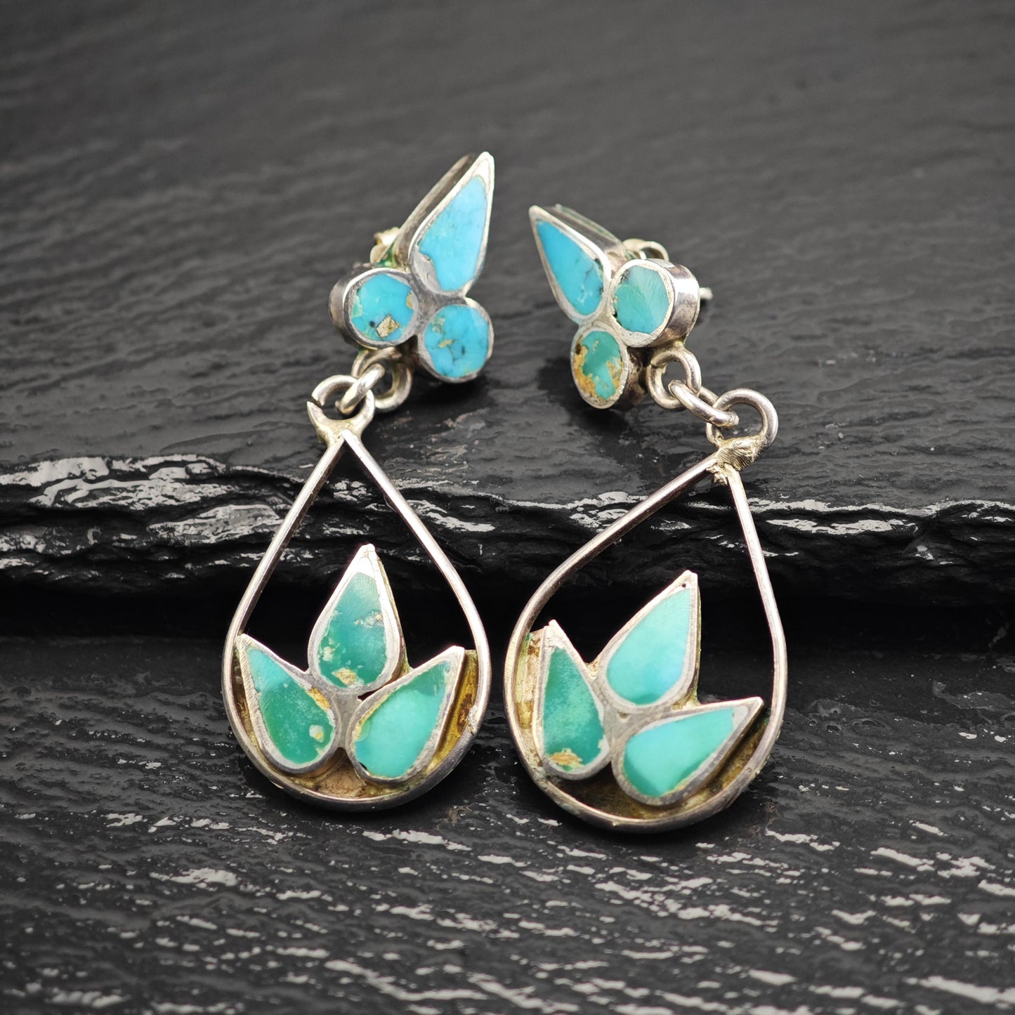 Vintage Zuni, Native American Turquoise Inlay Stud Sterling Silver Earrings ER3172