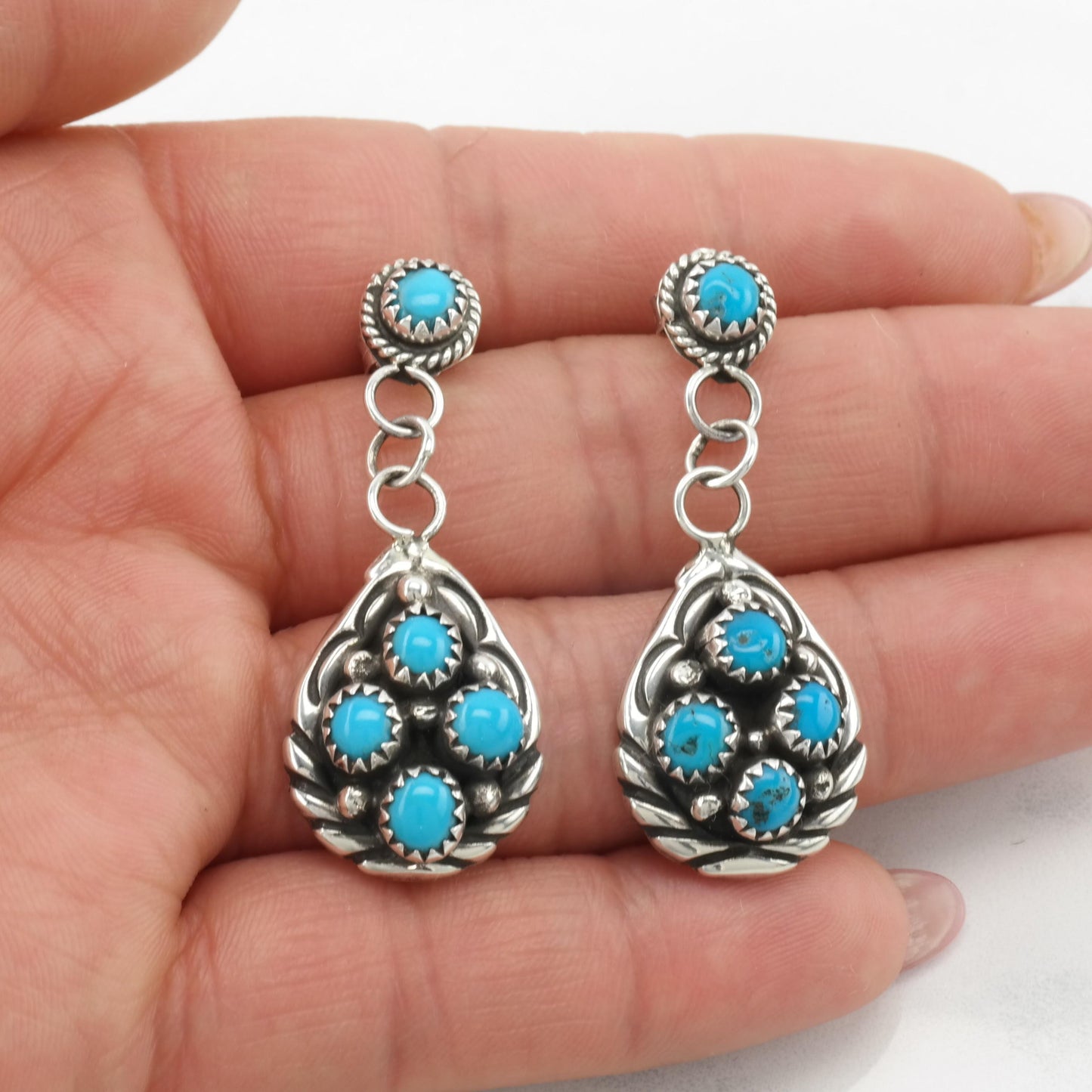 Vintage Native American Turquoise Stud Dangle Earrings Cluster Sterling Silver Blue Raindrop