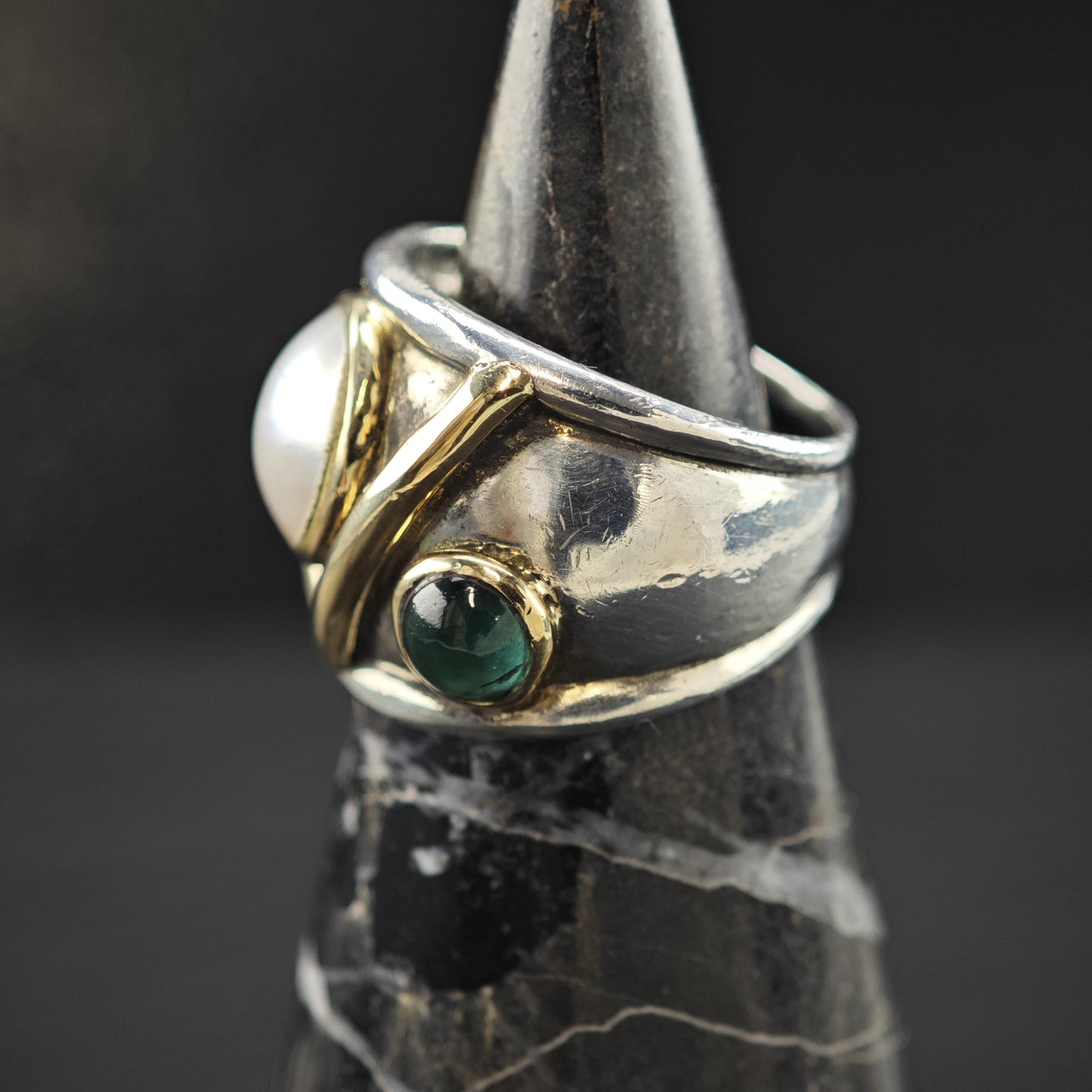 Pearl, Tourmaline Gold Accent Ring Sterling Silver Sz 6