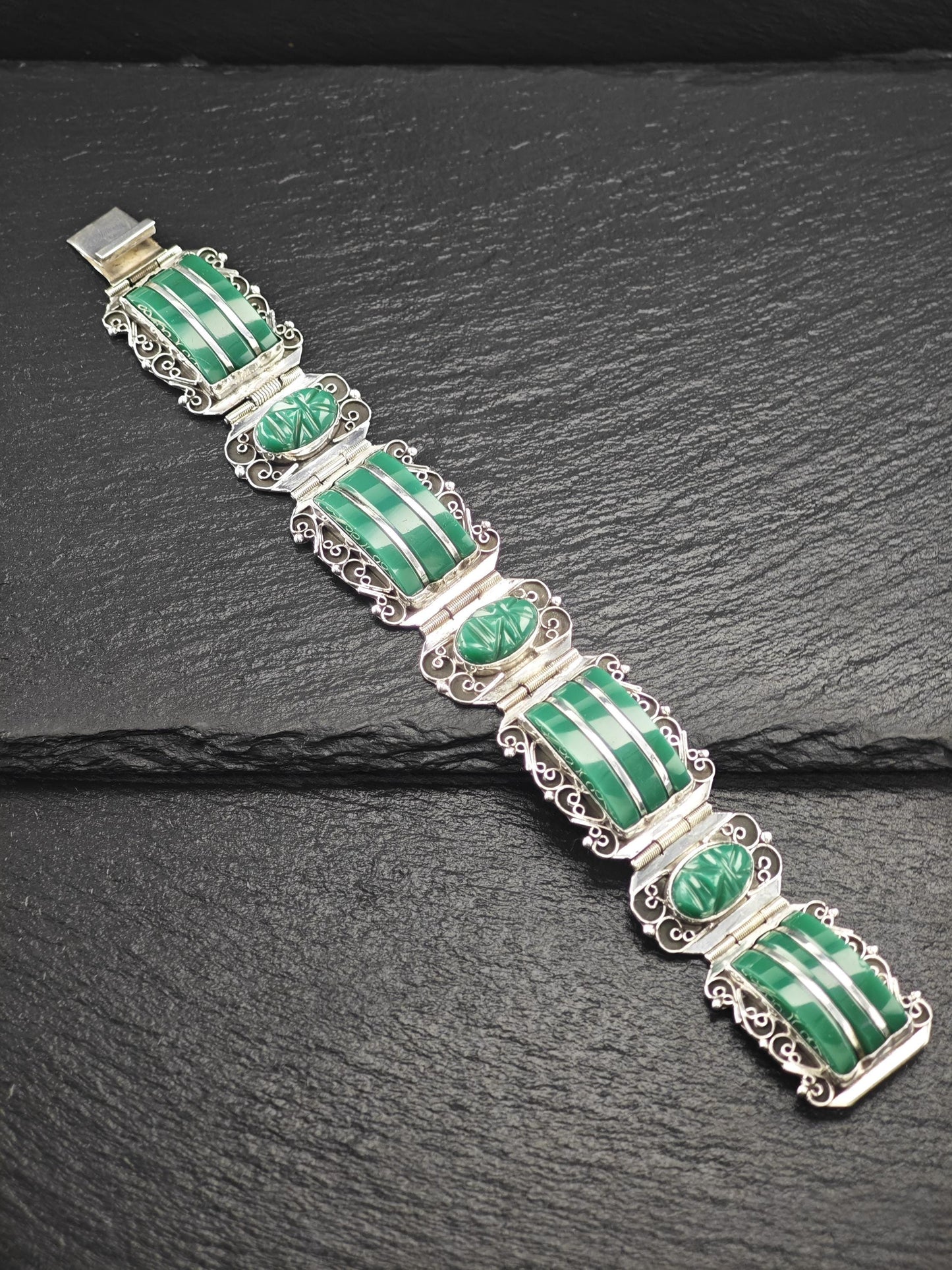 Mexico Green Onyx, Mask Panels Bracelet Sterling Silver