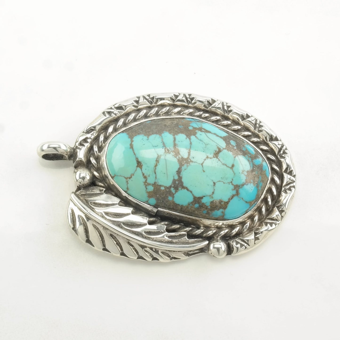 Native American Spiderweb Turquoise Feather Sterling Silver Pendant