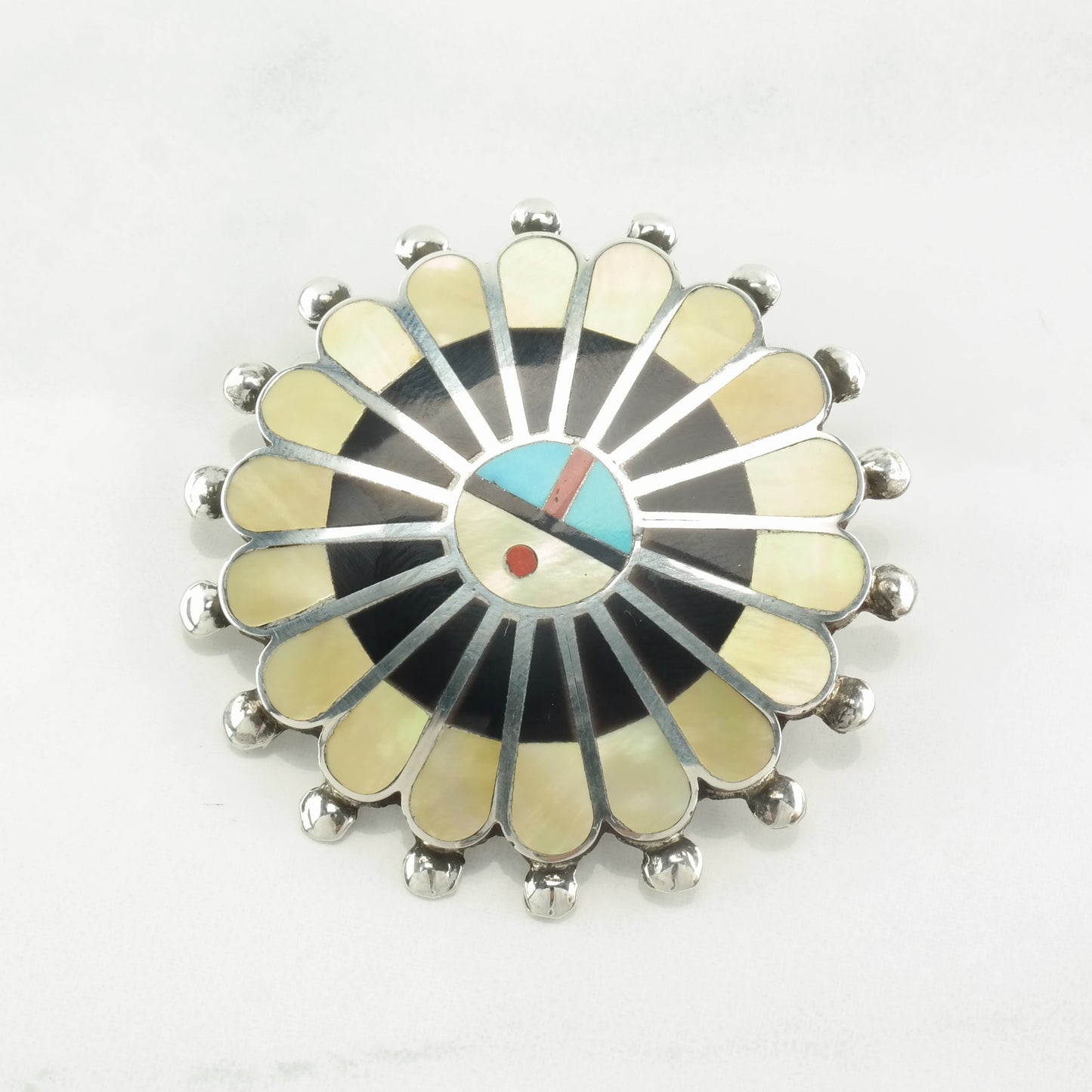 Zuni Sterling Silver Brooch Pendant Sunface MOP, Jet, Multi Gem Inlay