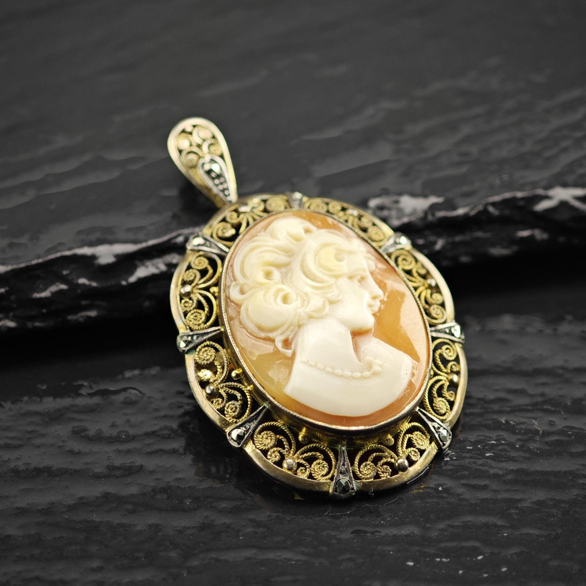 Art Deco Cameo Gold Gilded Sterling Silver Pendant/Brooch P3126