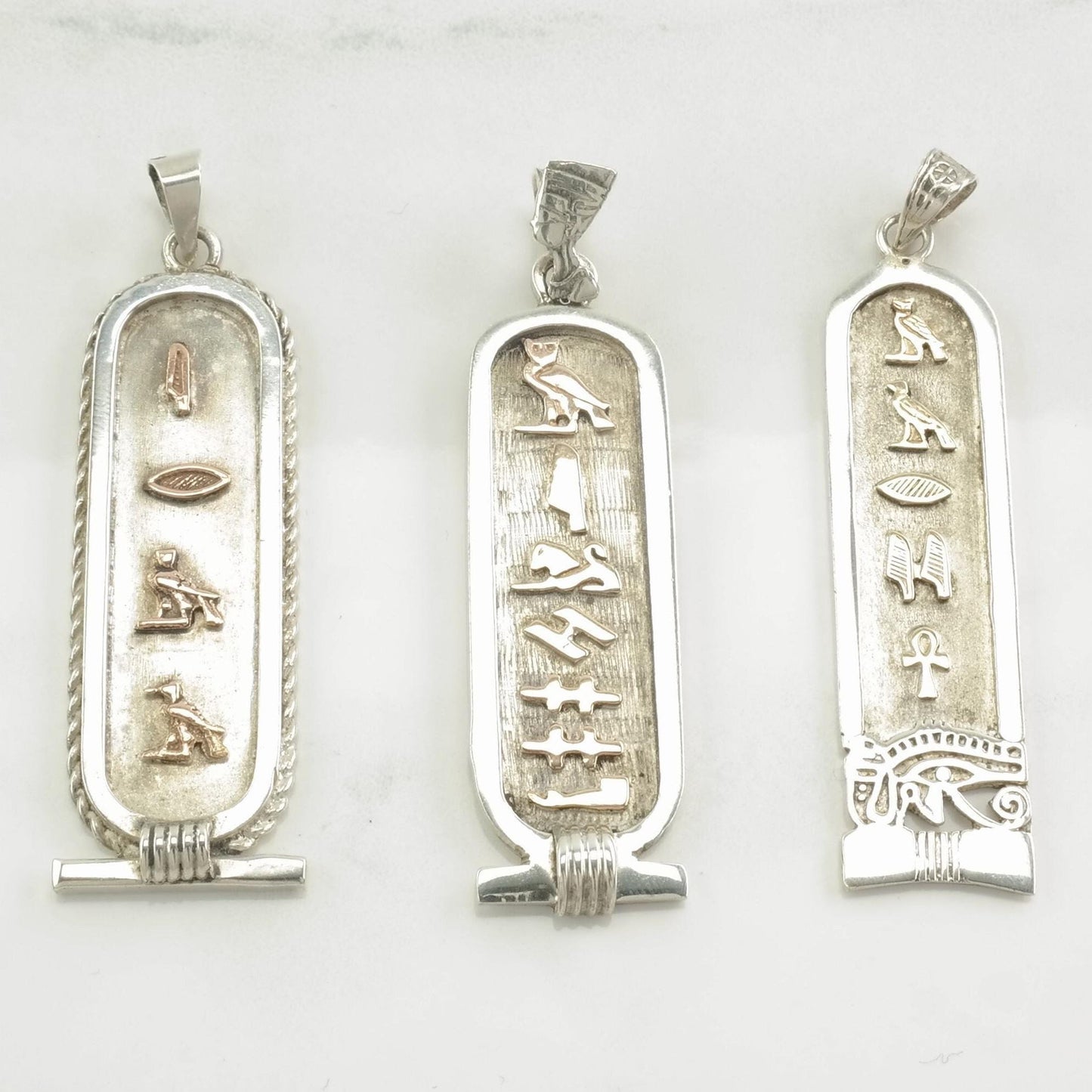 Vintage Egyptian Hieroglyph, Cartouche, Gold Accent Sterling Silver Pendant