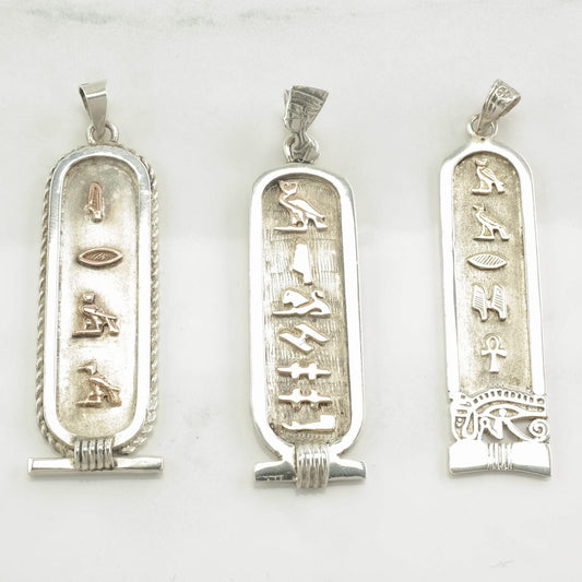 Vintage Egyptian Hieroglyph, Cartouche, Gold Accent Sterling Silver Pendant