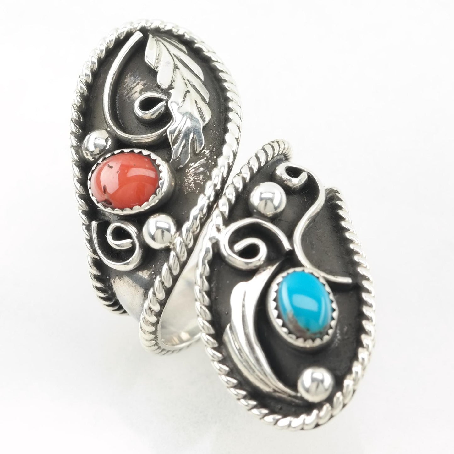 Native American Silver Ring Turquoise, Coral Feather, Large, Bypass Sterling Blue, Red Size 8 1/2