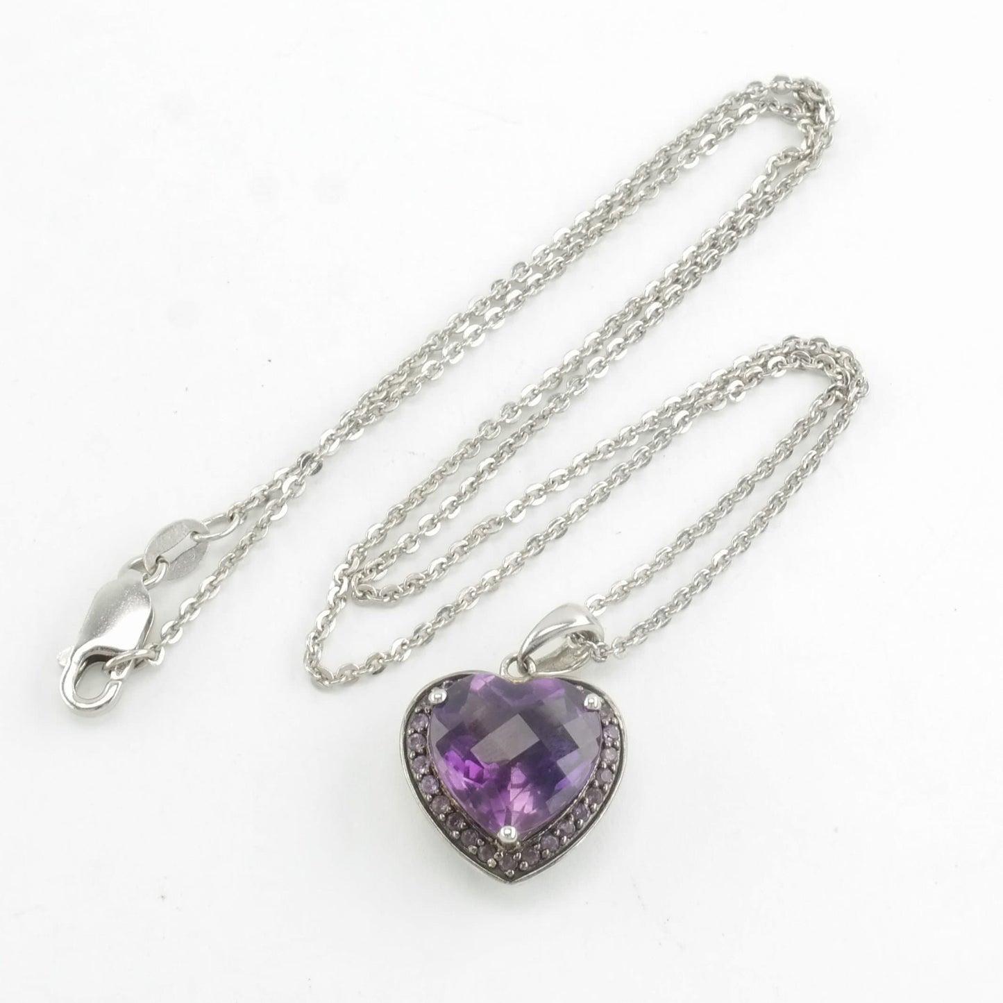 Sterling Silver Purple Amethyst Heart, Checkerboard Cut Necklace