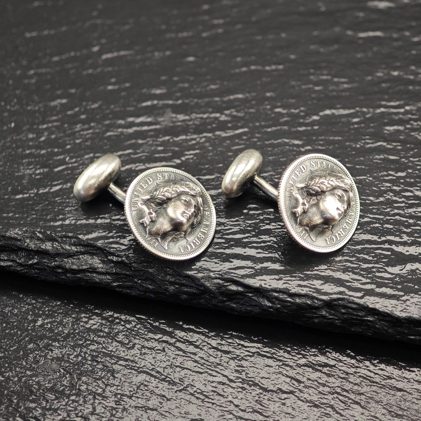 Sterling Silver Cufflinks with Dime Coin Design Abstract Antique Art Nouveau Style MISC0322