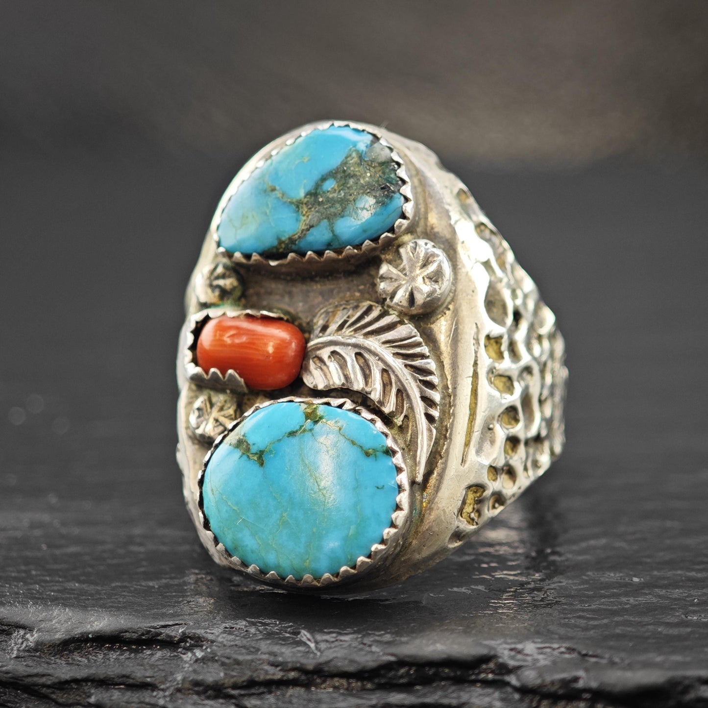 Native American Turquoise, Coral Floral Ring Sterling Silver Sz 13 1/4