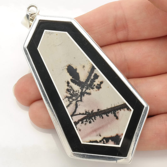 Vintage OOAK Modernist Intarsia, Onyx, Dendritic Agate Frame Sterling Silver Pendant