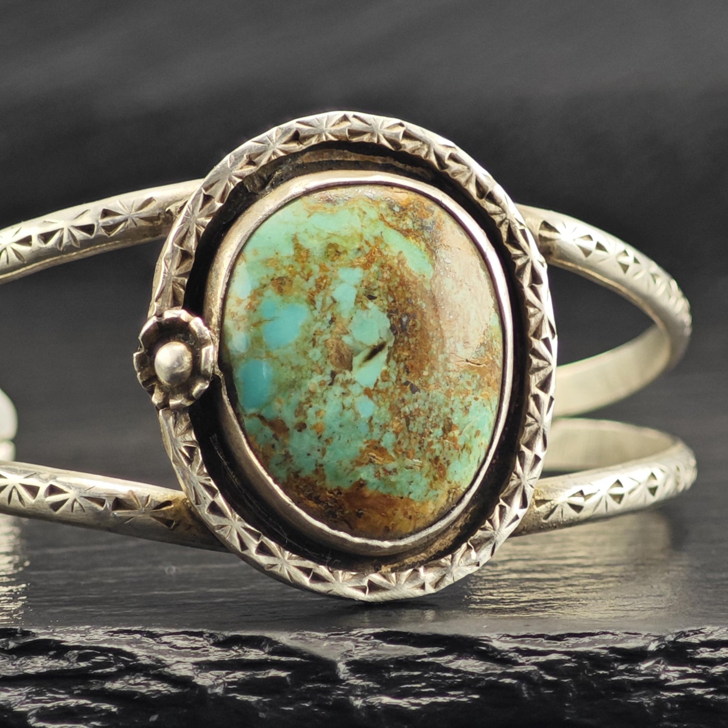SW Turquoise Stamped Floral Detailed Sterling Silver Cuff Sz 6" BR3138