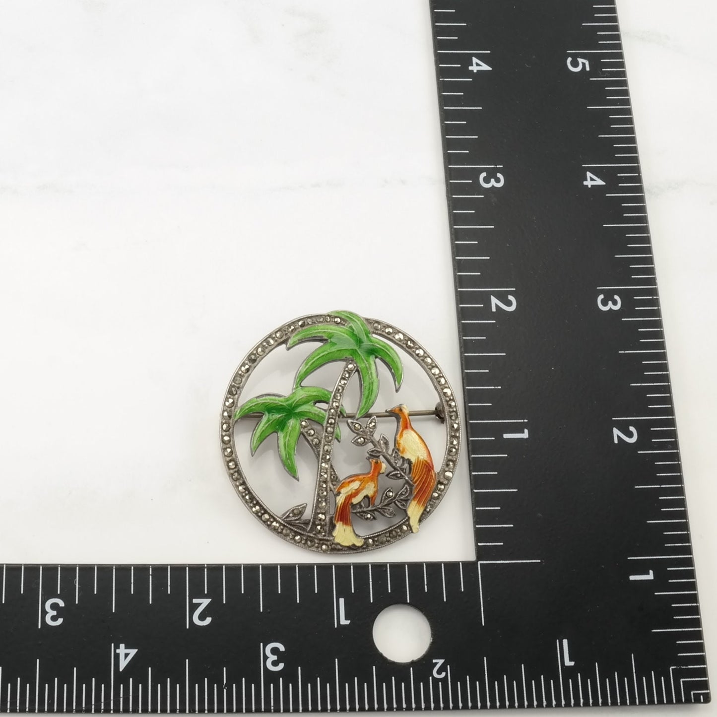 Uncas Sterling Silver Brooch Palm Trees, Brids Enamel, Marcasite B1879