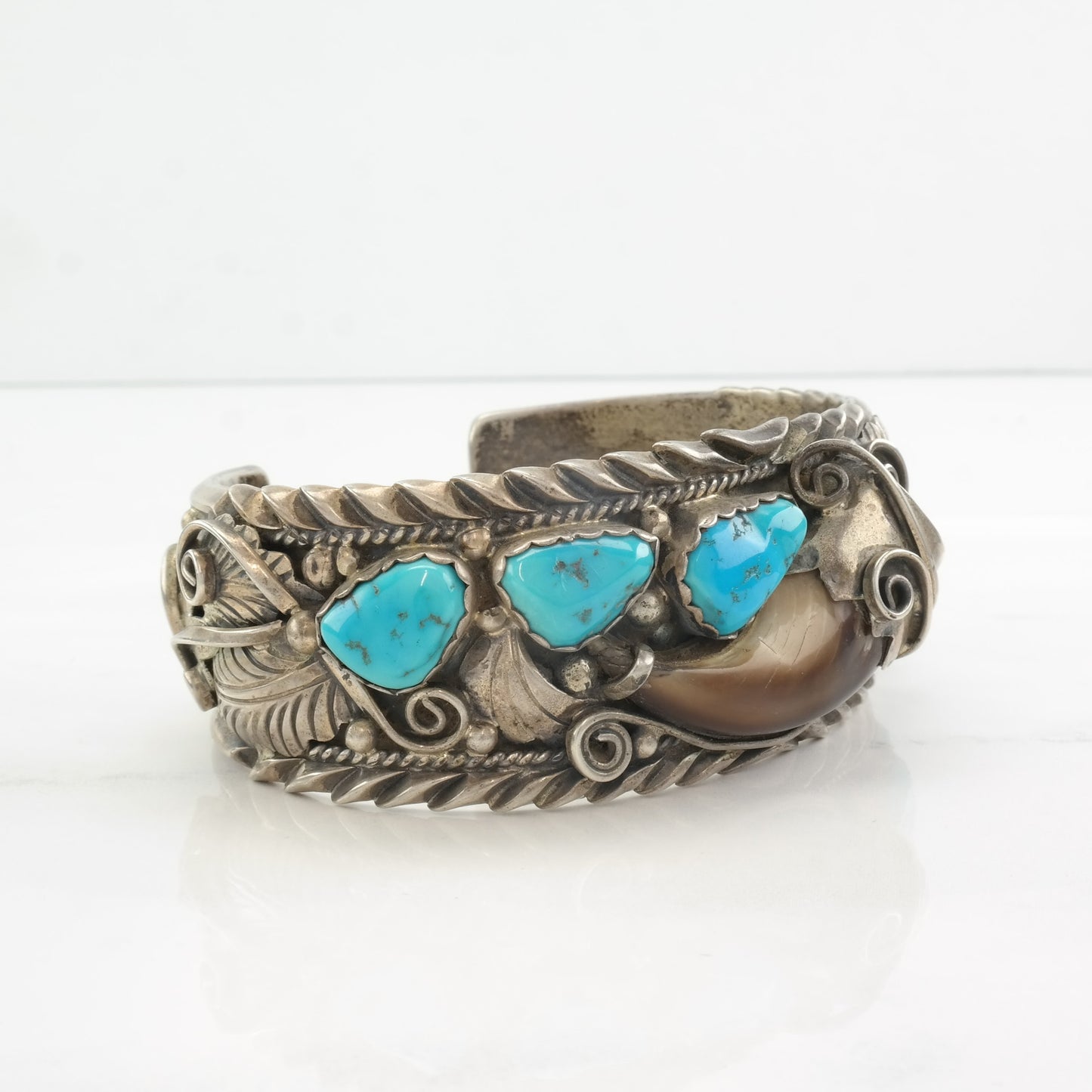 Native American Sterling Silver Cuff Bracelet Blue Turquoise Floral, Feather