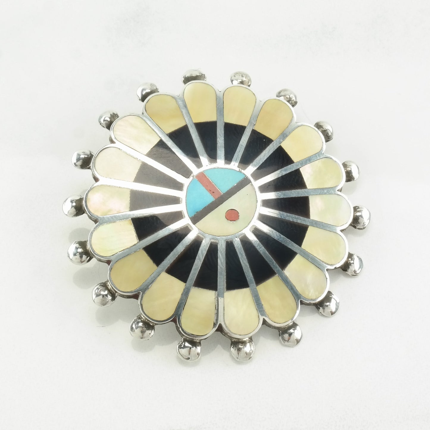 Zuni Sterling Silver Brooch Pendant Sunface MOP, Jet, Multi Gem Inlay