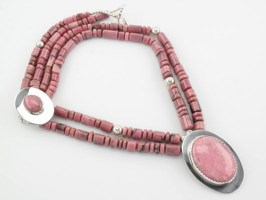 Southwest Sterling Silver Pink Rhodonite Bead Necklace