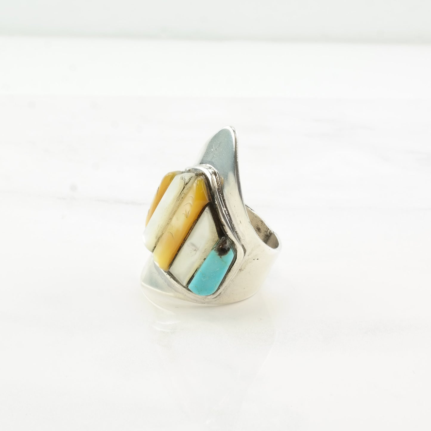 Zuni Silver Ring MOP Turquoise Cobblestone Inlay Sterling Size 9 3/4