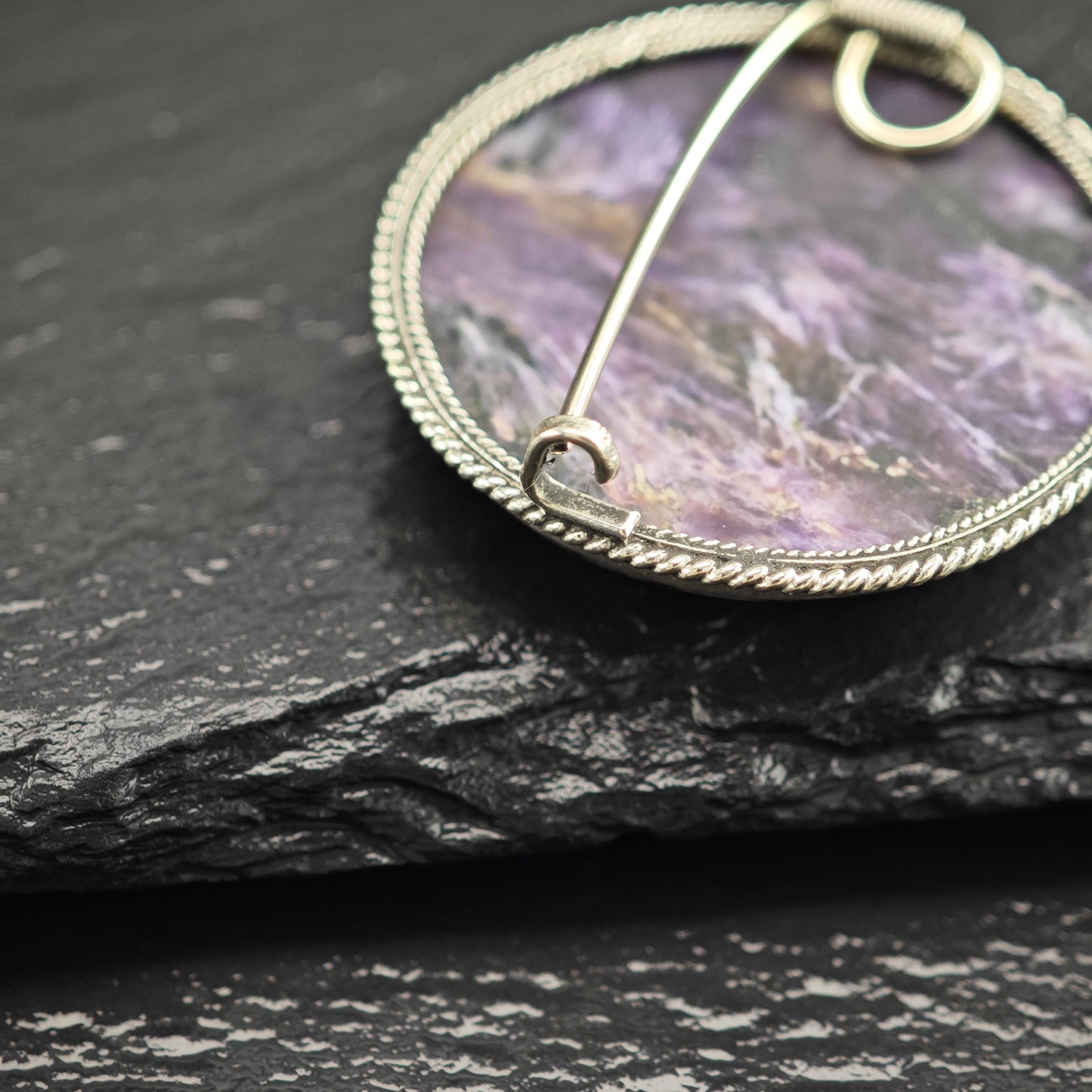 Charoite Round Brooch in Sterling Silver