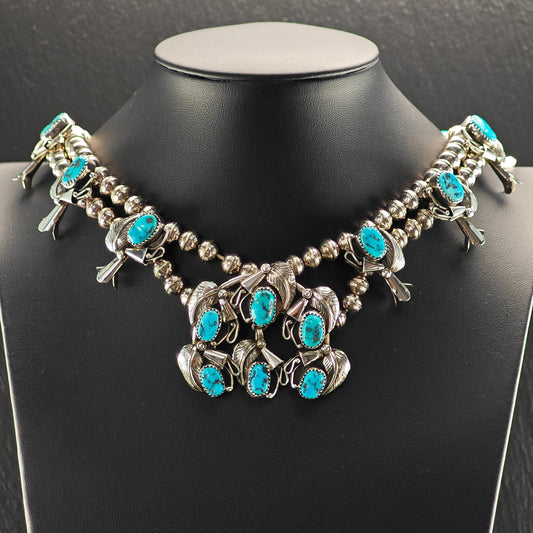 Native American Blue Sleeping Beauty, Floral Squash Blossom Necklace Sterling Silver