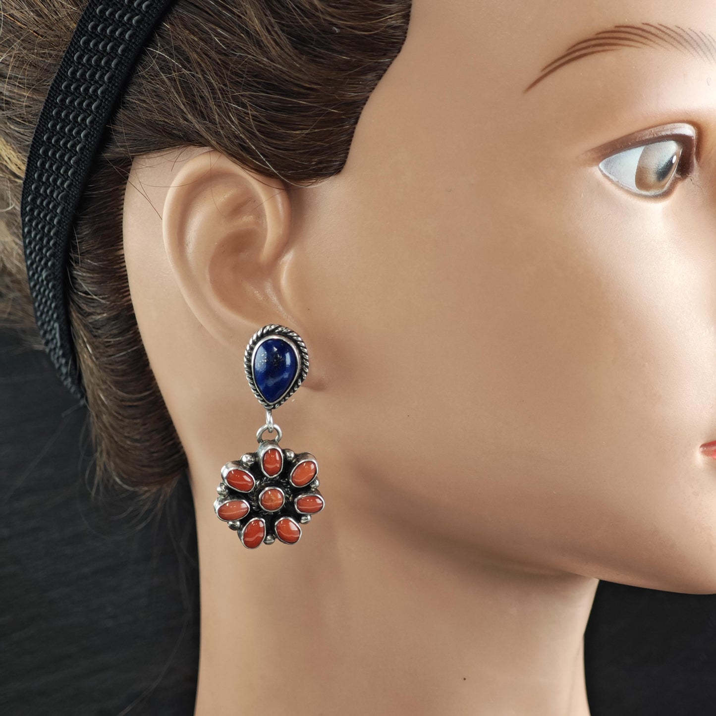 SW Lapis & Coral Floral Stud/Dangle Sterling Silver Earrings ER3170