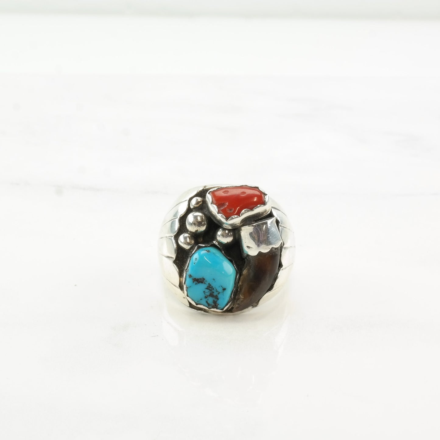Vintage Native American Silver Ring Turquoise Coral Sterling Size 9 3/4