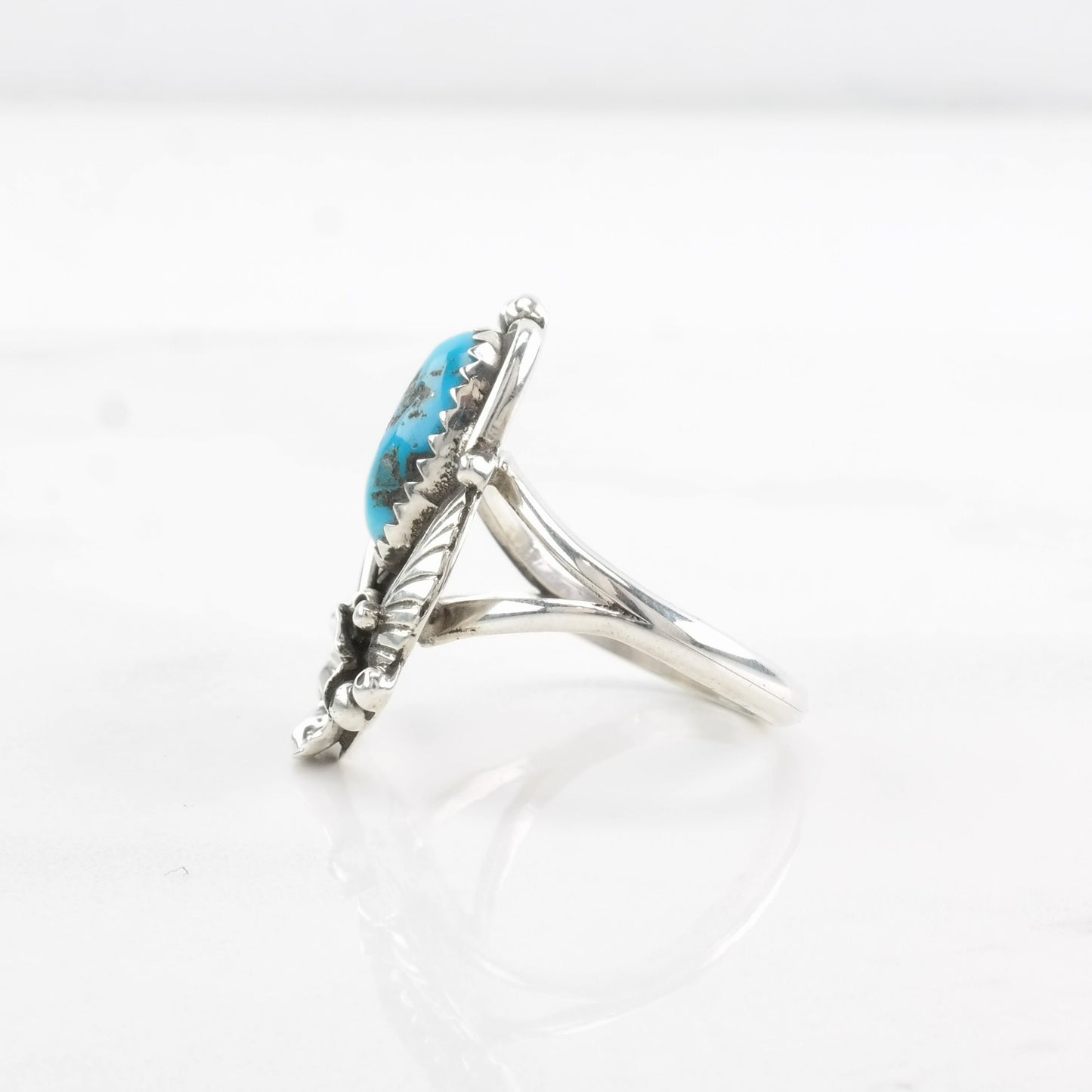 Navajo Sterling Silver Ring, Turquoise Floral Blue Size 8