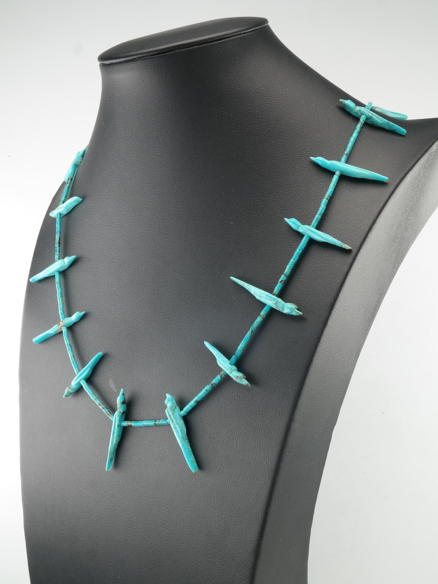 Zuni Blue Carved Turquoise Heishi Fetish Sterling Silver Necklace