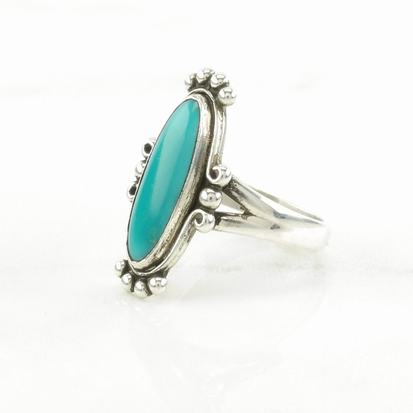 Native American Silver Ring Turquoise Navette Sterling Blue Size 7 1/2