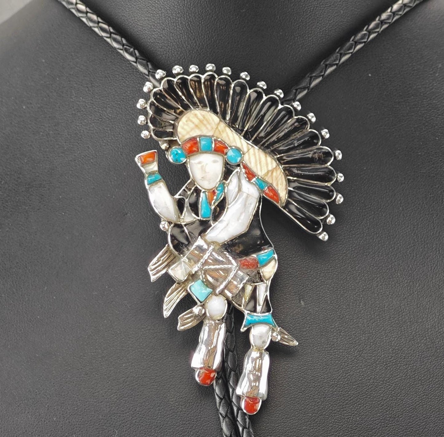 Sw Sterling Silver Inlay Drum Dancer, Kachina Bolo Tie Necklace N2429