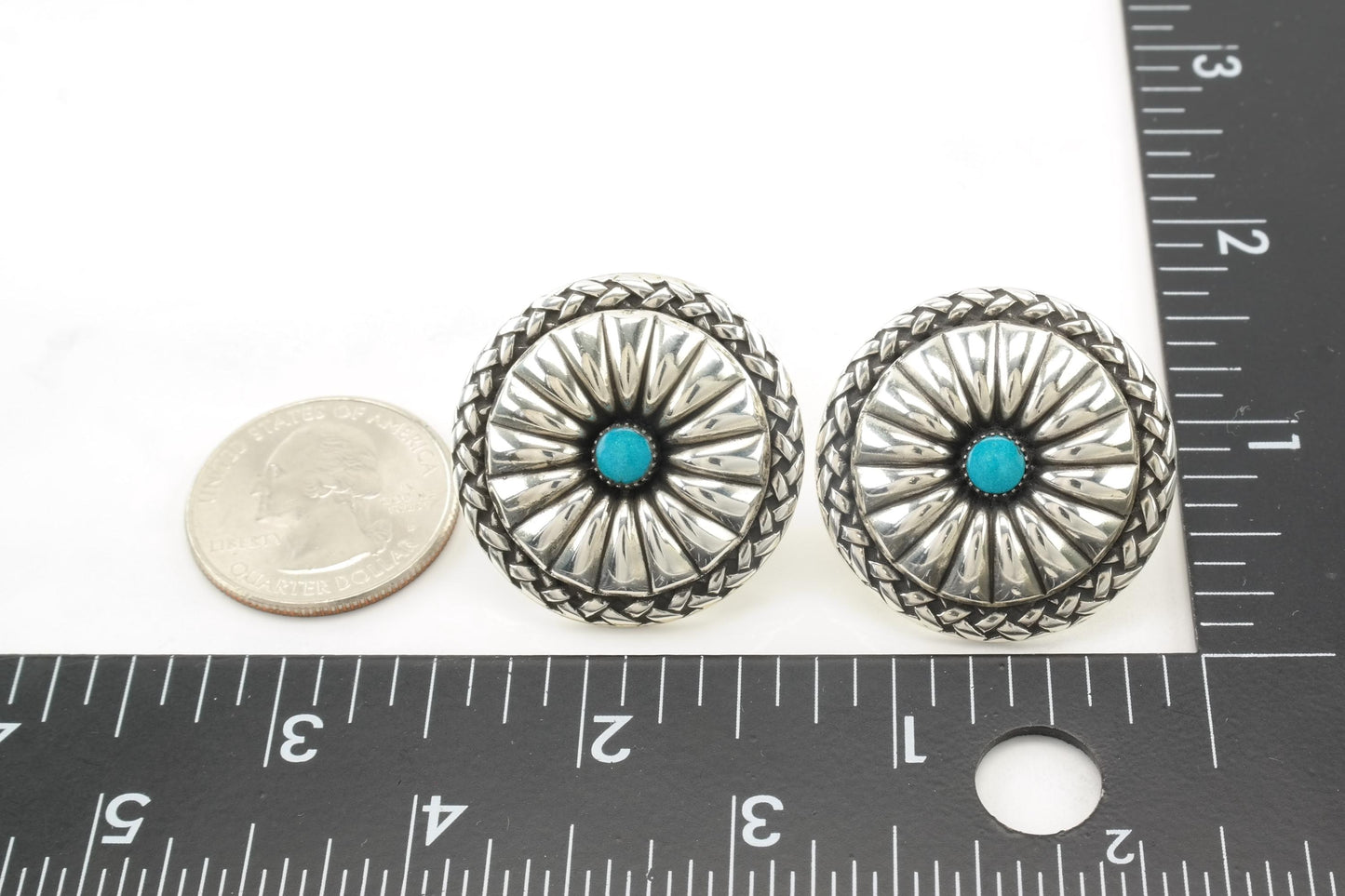 Southwest Block Turquoise Concho Earrings Sterling Silver Screw Back