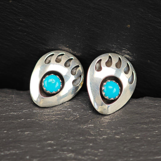 Southwest Blue Turquoise, Shadow Box Bear Paw Stud Earrings Sterling Silver