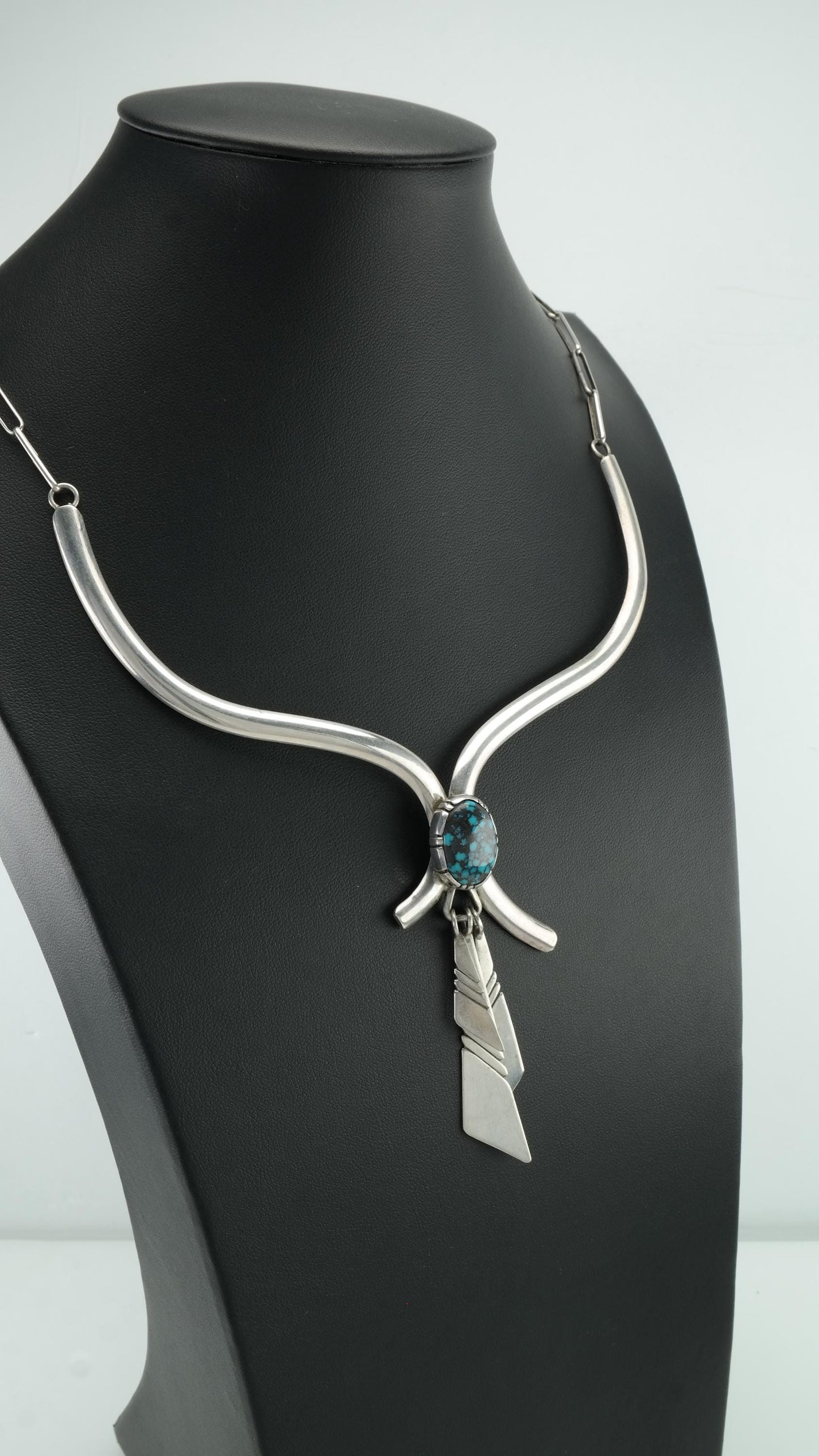 Native American Sterling Silver Turquoise Necklace, Spiderweb Turquoise, Choker, LM Nez, 1970s