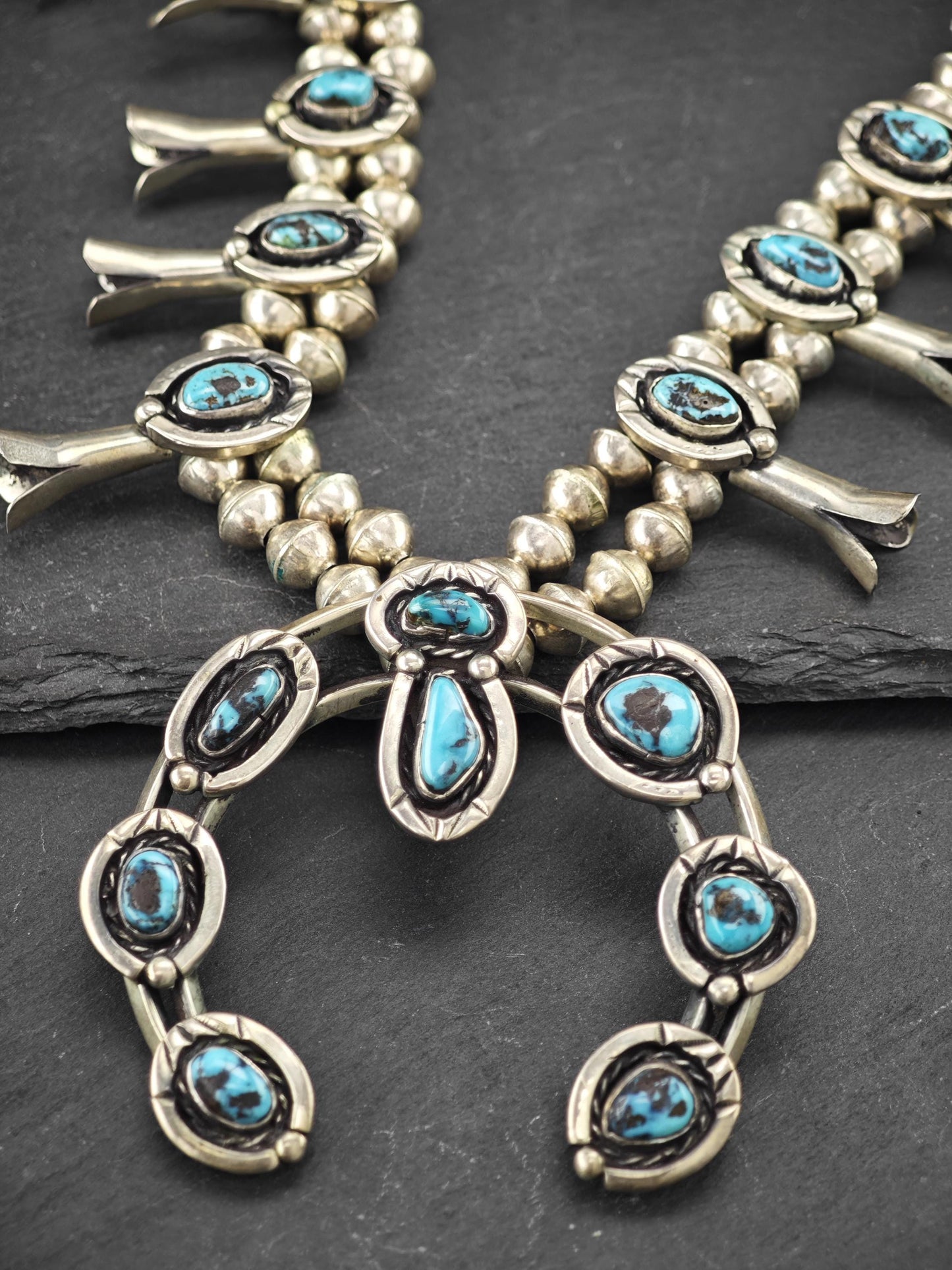 Native American Turquoise Squash Blossom Necklace Sterling Silver